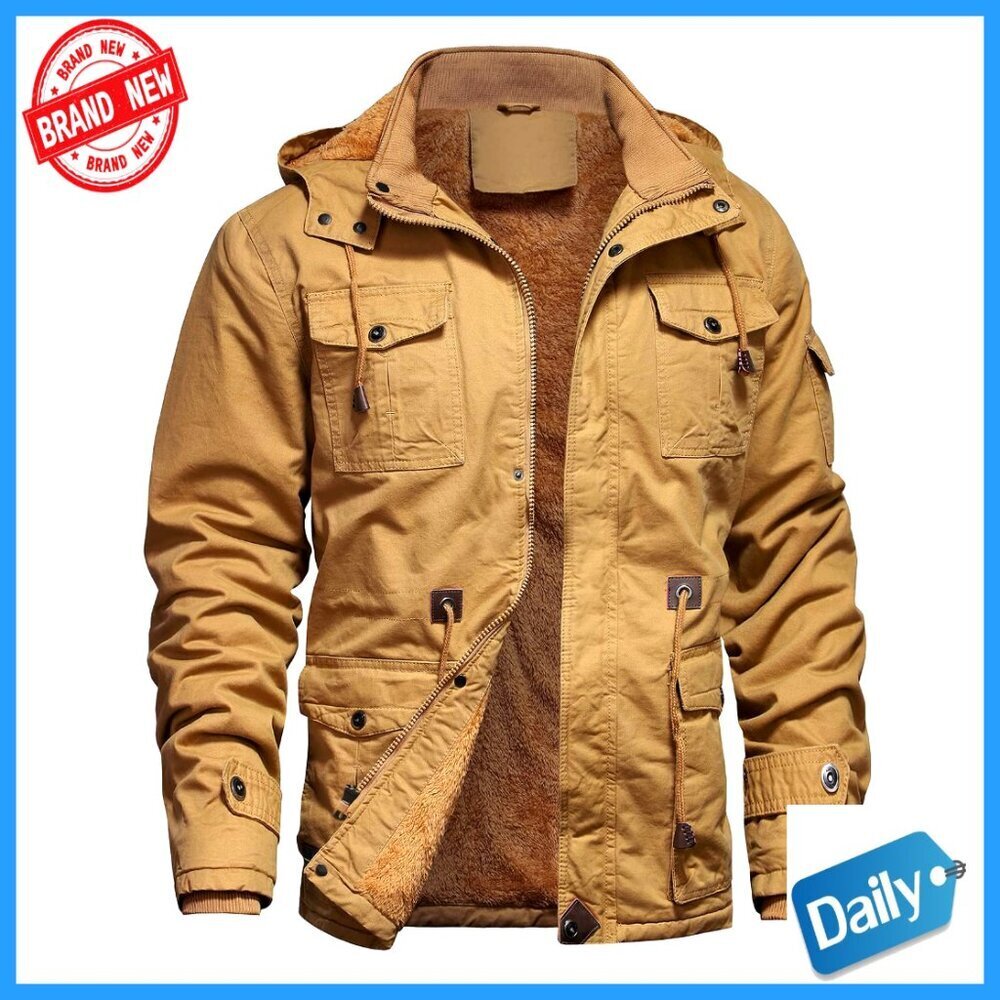Men's Winter Jacket Fleece Lined Cotton Work Coat Removable Hood Cargo Style